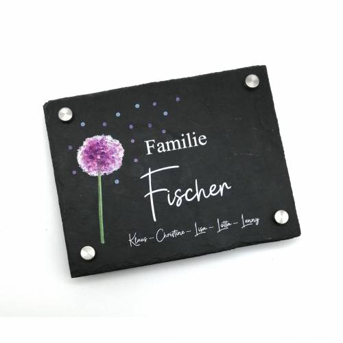 Türschild Schiefer M personalisiert "Pusteblume lila" mit Namen, 20x15cm, Haustürschild