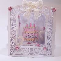 Geburtstagskarte Torte Hochzeitskarte Dioramakarte Super 3D Grußkarte pink weiß feine Handarbeit Bild 1