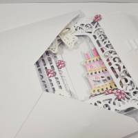 Geburtstagskarte Torte Hochzeitskarte Dioramakarte Super 3D Grußkarte pink weiß feine Handarbeit Bild 7