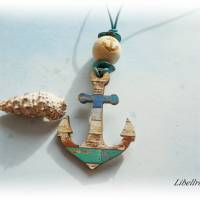 Lange Lederkette mit Holzanhänger Anker - XXL Bettelkette,Geschenk,maritim,türkis Bild 2