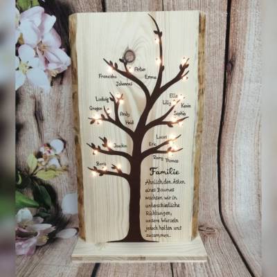 Familienbaum Stammbaum Holzschild Geschenk mit Familien Spruch beleuchtet mit 10 - 20 Namen 50cm hoch