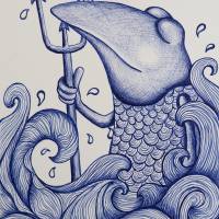 Neptun, der Frosch der Meere, Acrylbild, Frosch Bild, Meeresgott, witziges Bild, Fische Bild, Unikat Bild 5