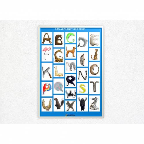 Buchstabenposter Tiere fürs Kinderzimmer | Format A2 blau | Alphabet Plakat zur Wandgestaltung | ABC Lernposter