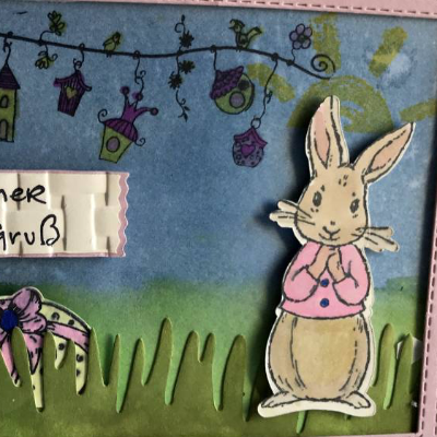 3D-Osterkarte 'Rabbit ' - handkoloriert, bestempelt - Pink -