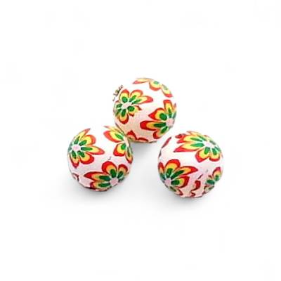 30 runde  Fimo-Perlen, weiß mit buntem floralem Muster, 12 mm, Polymer Clay