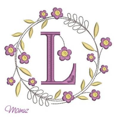 Monogramm  *  L  *  im Frühlings atemberaubendem Blumenkranz - Stickdateien in 5 Größen