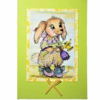 Hase in Schühchen mit Osterglocke Frühling maigrün Grußkarte im vintage look Bild 1