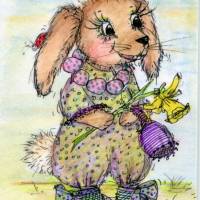 Hase in Schühchen mit Osterglocke Frühling maigrün Grußkarte im vintage look Bild 2