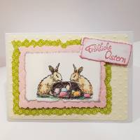 Osterhasen mit Ostereier-Körbchen Oster-Karte handcoloriert Fröhliche Ostern pastell Bild 1