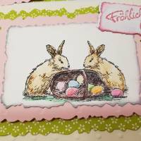 Osterhasen mit Ostereier-Körbchen Oster-Karte handcoloriert Fröhliche Ostern pastell Bild 2