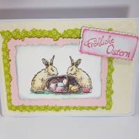 Osterhasen mit Ostereier-Körbchen Oster-Karte handcoloriert Fröhliche Ostern pastell Bild 3