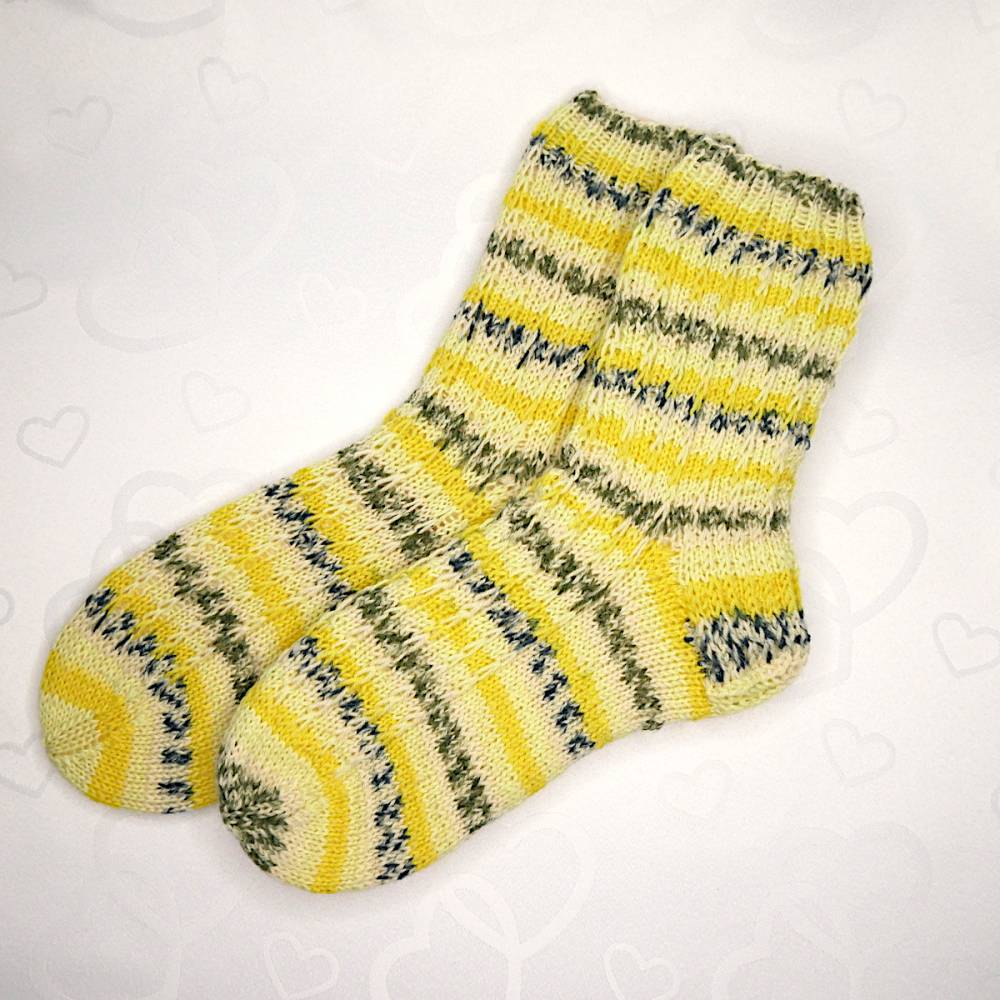 Socken handgestrickt Größe 38/39 Gelb Grau Schurwolle Bild 1