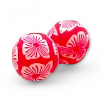 30 runde  Fimo-Perlen, rot mit weißem floralem Muster, 12 mm, Polymer Clay