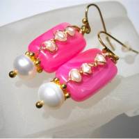 Ohrringe handgefertigt pink Achat rosa Rechteck mit Keshi und Süßwasserzuchtperle weiß Bild 1