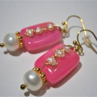 Ohrringe handgefertigt pink Achat rosa Rechteck mit Keshi und Süßwasserzuchtperle weiß Bild 3