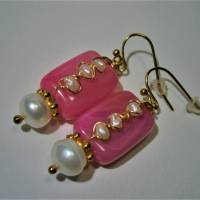 Ohrringe handgefertigt pink Achat rosa Rechteck mit Keshi und Süßwasserzuchtperle weiß Bild 4