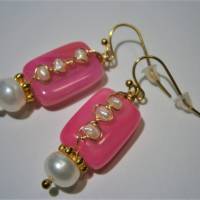 Ohrringe handgefertigt pink Achat rosa Rechteck mit Keshi und Süßwasserzuchtperle weiß Bild 5