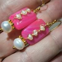 Ohrringe handgefertigt pink Achat rosa Rechteck mit Keshi und Süßwasserzuchtperle weiß Bild 6
