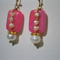 Ohrringe handgefertigt pink Achat rosa Rechteck mit Keshi und Süßwasserzuchtperle weiß Bild 7