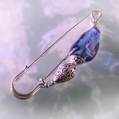 Schalnadel blau silber böhmisches Glas, 10cm lange Kiltnadel mit großem Glasnugget