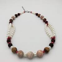 Perlen-Halskette mit Naturstein und Edelstahl in rosa weiss silber 47 cm plus Verlängerungskette handgemachtes Unikat Bild 1