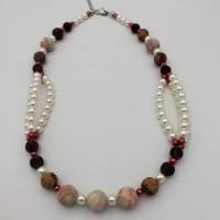 Perlen-Halskette mit Naturstein und Edelstahl in rosa weiss silber 47 cm plus Verlängerungskette handgemachtes Unikat Bild 2