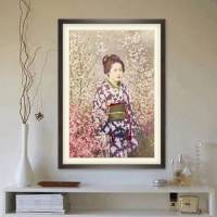 Portrait Geisha mit Kirschblüten Vintage, Japanische Kunst gerahmter Kunstdruck Bild - Collotype ca. 1880 - Geschenk Bild 2