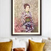 Portrait Geisha mit Kirschblüten Vintage, Japanische Kunst gerahmter Kunstdruck Bild - Collotype ca. 1880 - Geschenk Bild 4
