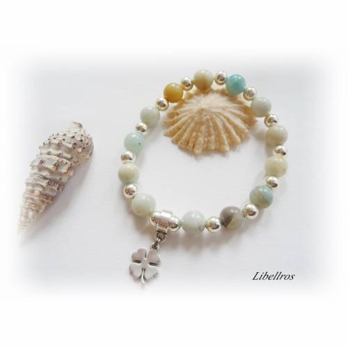 Elastisches Armband mit Kleeblatt - Edelsteinarmband,Amazonit,Glücksbringer,Kleeblatt,edel,multicolor,silberfarben