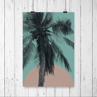 Palme vor der untergehenden Sonne, Illustration tropischer Druck, DIN A4 Wandbild Wandkunst Bild Poster, braun und grün Bild 1