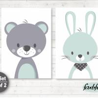 Kinderzimmerbilder / 2er Set Bär und Hase-A4-mint grau Bild 1