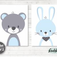 Kinderzimmerbilder / 2er Set Bär und Hase-A4-blau grau Bild 1