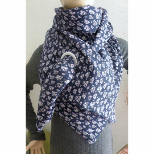 XXL Dreiecktuch mit großer Öse / Musselin Double Gauze blau mit weißen Regenbögen/ Schaltuch / Halstuch/ Wickelschal