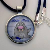 Witzige, maritime Cabochon Kette, 48 cm, mit Seehund Motiv und  Text...Moin Moin, Band Halskette blau Bild 7