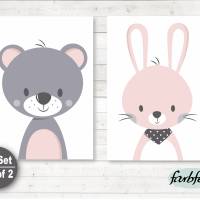 Kinderzimmerbilder / 2er Set Bär und Hase-A4-rosa grau Bild 1