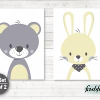 Kinderzimmerbilder / 2er Set Bär und Hase-A4-gelb grau Bild 1