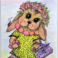 Hasenmädchen mit Kette und Blütenkranz im Frühling Grußkarte als Druck im vintage stil Bild 2