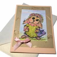 Hasenmädchen mit Kette und Blütenkranz im Frühling Grußkarte als Druck im vintage stil Bild 3