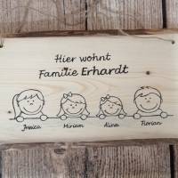 Hier wohnt Familie Holz Schild mit Name und Köpfen für jedes Familienmitglied personalisiert 2-4 Köpfe Bild 1