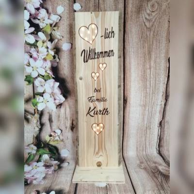 Herzlich Willkommen Schild Holz beleuchtet Holzaufsteller Türschild Namensschild Holzstele personalisiert Geschenk
