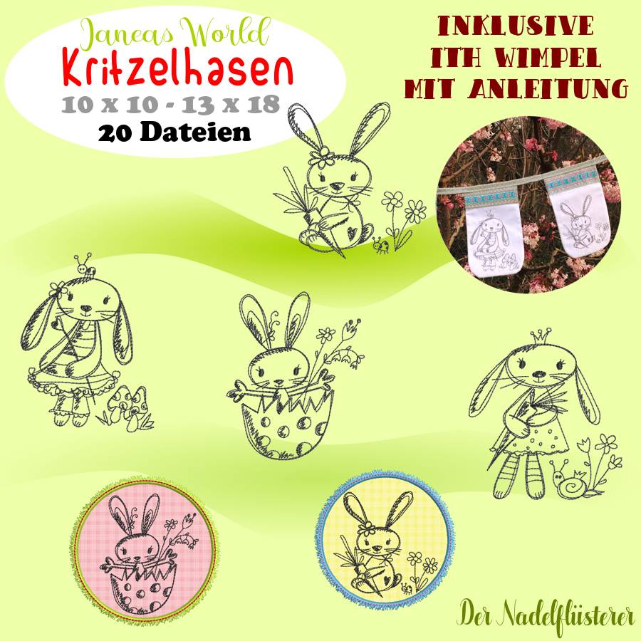 Digitale Stickserie Janeas World Kritzelhasen 10x10 - 13x18 cm (4x4-5x7") Stickrahmen Bild 1