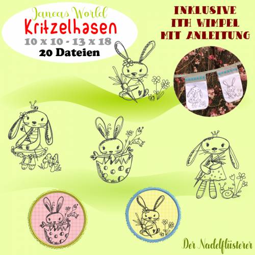 Digitale Stickserie Janeas World Kritzelhasen 10x10 - 13x18 cm (4x4-5x7") Stickrahmen