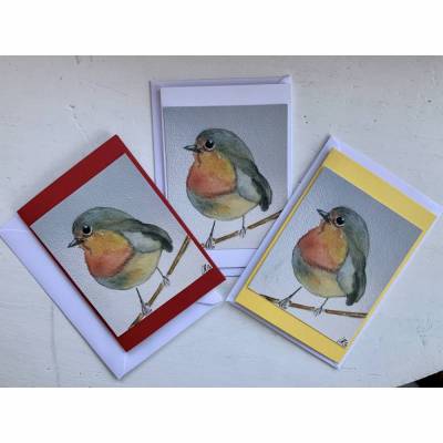 Rotkehlchen Doppelkarten, handgemaltes Aquarell als Druck im 3-er Set und Umschläge.