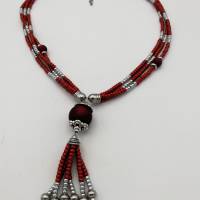 Dreireihige Perlen-Halskette mit Glas, Polarisperlen und Edelstahl in rot silber 49 cm plus Verlängerung handmade Unikat Bild 1