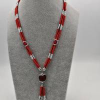 Dreireihige Perlen-Halskette mit Glas, Polarisperlen und Edelstahl in rot silber 49 cm plus Verlängerung handmade Unikat Bild 4