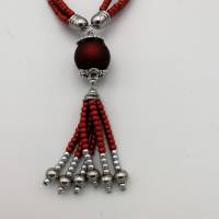Dreireihige Perlen-Halskette mit Glas, Polarisperlen und Edelstahl in rot silber 49 cm plus Verlängerung handmade Unikat Bild 5