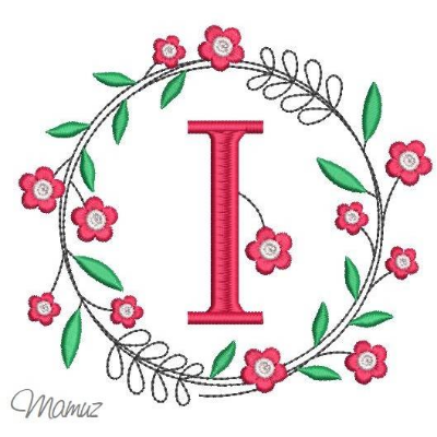 Monogramm  *  I  *  im Frühlings atemberaubendem Blumenkranz - Stickdateien in 5 Größen