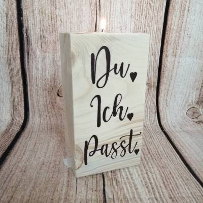 Zum Valentinstag Teelicht Holz Block mit Ich Du Passt tolles Geschenk auch zum Geburtstag für die große Liebe