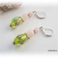 1 Paar Ohrhänger mit Blumen u. Edelsteinen - Ohrringe,romantisch,verspielt,grün,hellrosa,silberfarben Bild 1