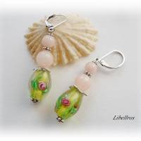 1 Paar Ohrhänger mit Blumen u. Edelsteinen - Ohrringe,romantisch,verspielt,grün,hellrosa,silberfarben Bild 2